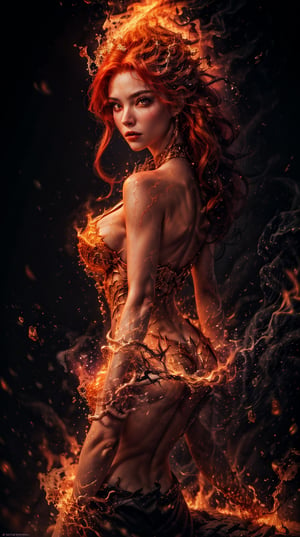 "Imagine a stunning woman with flowing fire hair cascading down her back. Her eyes are a captivating shade of glowing red, radiating an aura of power. She possesses a commanding presence, earning her the title of the 'Fire Queen.' With her innate ice magic, she conjures a magnificent fire castle in the midst of a perfect, fantasy world. The castle stands tall, surrounded by a magical, fire landscape, where Fire cotton glisten like diamonds, and the air is filled with a sense of enchantment and wonder." ((She looking at viewer)), Photographic realistic masterpiece HDR high quality image, perfect high detailed image, ,mecha,human on fire