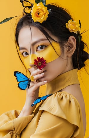 xxmixgirl,a woman in golden is posing on a yellow background, in the style of realistic fantasy artwork, hyper-realistic