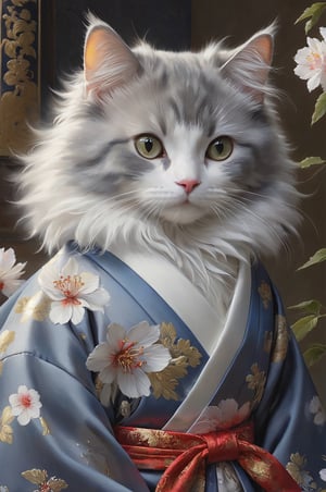 a gray and white cat wearing a kimono, ash thorp, highly detailed oil-painting, flower goddess, trending on artforum, serge marshennikov, blu ray cover usa, gorgeous digital art, ((a beautiful fantasy empress)), featured in art magazine,beautymix