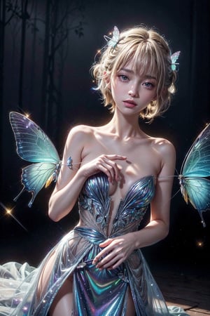 ultra detailed cel shading drawing of a fairy with holographic dress flying, holographic dress, blushed, magical forest intricately detailed, butterflies, tiny fireflies, stuningly beautiful face, sexy,focus on face, dynamic pose, holographic,b3rli,z1l4,realhands