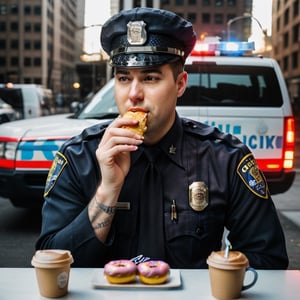 a new york police officer eating donuts and drinking coffee