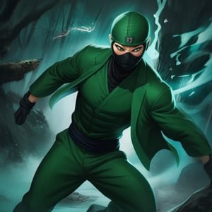 A ninja in a green suit with elemental power of nature