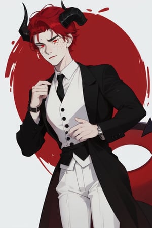 demon (demon, with two black horns, on his head, with a long black tail, freckles on his face, white skin, red hair, red eyes,normal muscular) dressed in an elegant suit, red tie, watch in left hand,