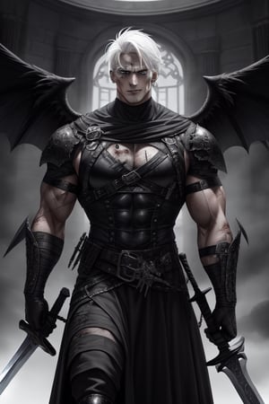 Muscular boy, big body, marked jaw, white hair, perverted look, egocentric,gothic dress,Des3rt4rmor, roman,4rmorbre4k,with two black wings spreading,injured,wielding his sword