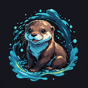 water, water ripples, otter ,happy, black background, pro vector, full design, solid colors, no shadows, full design, isometric, sticker, pastel colors, tshirt design,more detail, Leonardo Style,tshirt design,vector art illustration,Leonardo Style,Flat vector art,T-shirt design illustration