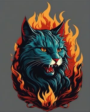 no humans, cat with fangs, simple background, solo, tshirt design, flames, in flames
