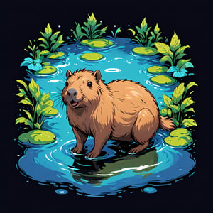 hot springs, water ripples, capybara, happy, black background, pro vector, full design, solid colors, no shadows, full design, isometric, sticker, pastel colors, tshirt design,more detail, Leonardo Style,tshirt design,vector art illustration,Leonardo Style,Flat vector art,T-shirt design illustration