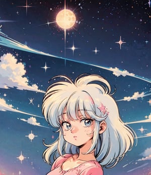 1girl, sparkly eyes, light_blue_eyes, beautiful, looking at viewer, closed mouth, pink lips, white hair, long hair, pastel colors, clouds, stars, sparkle, moon, retro aesthetic, retro anime, 1990s (style),FFIXBG,lofi artstyle, detailed, perfect, lofi,perfect,ASU1
