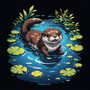 pond water, water ripples, otter ,happy, black background, pro vector, full design, solid colors, no shadows, full design, isometric, sticker, pastel colors, tshirt design,more detail, Leonardo Style,tshirt design,vector art illustration,Leonardo Style,Flat vector art,T-shirt design illustration
