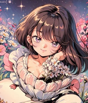 1girl, sparkly eyes, light eyes, beautiful, looking at viewer, smile, closed mouth, pink lips, long hair, straight hair, brown hair, floral, lavender field, flower_in_hair, flower field, retro aesthetic, retro anime, 1990s (style),FFIXBG,lofi artstyle, detailed, perfect, lofi,perfect,ASU1, full_body_portrait, clothed