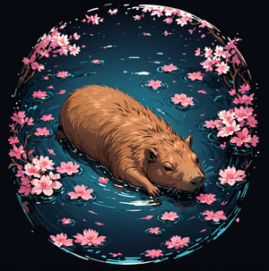 capybara sleeping, hot springs, cherry blossoms floating in water, water ripples, black background, pro vector, full design, solid colors, no shadows, full design, isometric, sticker, Leonardo Style,tshirt design,vector art illustration,Flat vector art,T-shirt design illustration,more detail XL