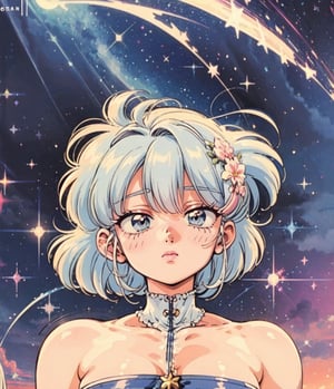 1girl, sparkly eyes, light_blue_eyes, beautiful, looking at viewer, closed mouth, pink lips, white hair, long hair, pastel colors, clouds, stars, sparkle, moon, retro aesthetic, retro anime, 1990s (style),FFIXBG,lofi artstyle, detailed, perfect, lofi,perfect,ASU1, portrait, above waist