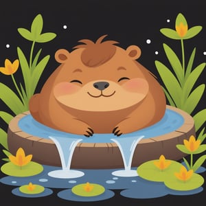 Colorful, flat vector, black background , (((chibi))), creative, capybara, sleeping in hot springs, blank_background, cartoon,Flat Design, 2d,Leonardo Style,flat design