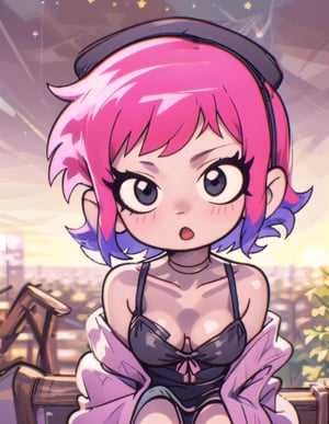 Ramona_Flowers, short hair, black eyes, 1girl,  solo,  mouth closed,  1girl, monochrome, scottpilgrimvstheworld,  short hair, black dress,spaghetti straps, ASU1, stars, sunset,ANIME 