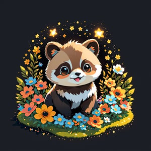 flower field, sparkles, brown tanuki ,happy, black background, pro vector, full design, solid colors, no shadows, full design, isometric, sticker, pastel colors, tshirt design,more detail, Leonardo Style,tshirt design,vector art illustration