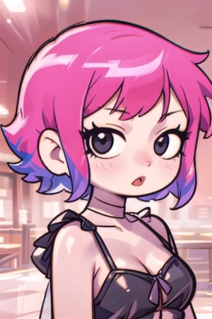 Ramona_Flowers, short hair, black eyes, 1girl,  solo,  mouth closed,  1girl, monochrome, scottpilgrimvstheworld,  short hair, black dress,spaghetti straps, ASU1