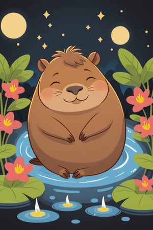 Colorful, flat vector, black background , (((chibi))), creative, capybara, sleeping in hot springs, blank_background, cartoon,Flat Design, 2d,Leonardo Style,flat design