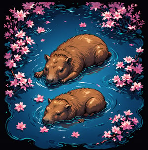 capybara sleeping, hot springs, cherry blossoms floating in water, bright blue water, reflective water ripples, black background, pro vector, full design, solid colors, no shadows, full design, isometric, sticker,tshirt design,vector art illustration,T-shirt design illustration,more detail XL