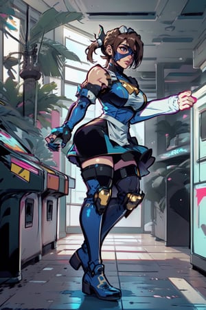 (18 year old girl:1.1),  (Extra thicc body:1.1),  (Dark skin:1.1),  medium breasts,  thick thighs,  (medium muscles:1.1),  (thick outlines:1.1),  walk pose,  (black maid outfit fused with a Mexican wrestler:1.1),  medium skirt,  showing a little black panties , ( long blue latex stockings:1.1),  (((blue latex sleeves))),  (((white knee and elbow pads:1.1))),  (((wearing a hero eyemask:1.1))),  (((with two big bull horns on the sides of her head:1.1))),  (Long hair:1), (two ponytails:2),  (((brown hair with blue highlights:1))),  (long blue fighting boots:1.1),  ((( blue kick boxing fingerless gloves:1.1))),  full body figure,  3 perspective,  purple eyes,  (((dark blue dress))),  black,  white and gold,  photorealistic, ( perfect hands:1.1),  masterpiece:1.2, ( detailed face:1.1), (Background Tijuana Gym arcade neon:1), Sandbags are  x men centinels robots, Add more detail,Nobara,lilyms,igawasakura,eft_jjk_nobara,hanging sandbag,ShinobuKochou_NDV,1girl,symbiote, short hair,miami_vice_arcade_retreat