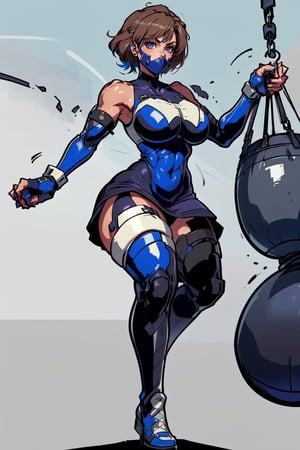 (18 year old girl:1.1),  (Extra thicc body:1.1),  (Brown skin with vitiligo:1.1),  medium breasts,  thick thighs,  (medium muscles:1.1),  (thick outlines:1.1),  walk pose,  (black maid outfit fused with a Mexican wrestler:1.1),  medium skirt,  showing a little black panties , ( long blue latex stockings:1.1),  (((blue latex sleeves))),  (((white knee and elbow pads:1.1))),  (((wearing a hero eyemask:1.1))),  (((with two big bull horns on the sides of her head:1.1))),  two ponytails,  (((brown hair with blue highlights:1))),  (long blue fighting boots:1.1),  ((( blue kick boxing fingerless gloves:1.1))),  full body figure,  3 perspective,  purple eyes,  (((dark blue dress))),  black,  white and gold,  photorealistic, ( perfect hands:1.1),  masterpiece:1.2, ( detailed face:1.1), (Background Tijuana Gym arcade neon:1), Sandbags are  x men centinels robots, Add more detail,Nobara,lilyms,igawasakura,eft_jjk_nobara,hanging sandbag,ShinobuKochou_NDV,1girl,symbiote, short hair