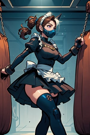 (18 year old girl:1.1),  (Extra thicc body:1.1),  (Dark skin:1.1),  medium breasts,  thick thighs,  (medium muscles:1.1),  (thick outlines:1.1),  walk pose,  (black maid outfit fused with a Mexican wrestler:1.1),  medium skirt,  showing a little black panties , ( long blue latex stockings:1.1),  (((blue latex sleeves))),  (((white knee and elbow pads:1.1))),  (((wearing a hero eyemask:1.1))),  (((with two big bull horns on the sides of her head:1.1))),  (Long hair:1), (two ponytails:2),  (((brown hair with blue highlights:1))),  (long blue fighting boots:1.1),  ((( blue kick boxing fingerless gloves:1.1))),  full body figure,  3 perspective,  purple eyes,  (((dark blue dress))),  black,  white and gold,  photorealistic, ( perfect hands:1.1),  masterpiece:1.2, ( detailed face:1.1), (Background Tijuana Gym arcade neon:1), (background arcade and Gym) Sandbags are  x men centinels robots, Add more detail,Nobara,lilyms,igawasakura,eft_jjk_nobara,hanging sandbag,ShinobuKochou_NDV,1girl,symbiote, short hair,animal ears