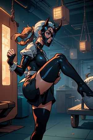 (18 year old girl:1.1),  (Extra thicc body:1.1),  (Dark skin:1.1),  medium breasts,  thick thighs,  (medium muscles:1.1),  (thick outlines:1.1),  walk pose,  (black maid outfit fused with a Mexican wrestler:1.1),  medium skirt,  showing a little black panties , ( long blue latex stockings:1.1),  (((blue latex sleeves))),  (((white knee and elbow pads:1.1))),  (((wearing a hero eyemask:1.1))),  (((with two big bull horns on the sides of her head:1.7))),  (Long hair:1), (two ponytails:2),  (((brown hair with blue highlights:1))),  (long blue fighting boots:1.1),  ((( blue kick boxing fingerless gloves:1.1))),  full body figure,  3 perspective,  purple eyes,  (((dark blue dress))),  black,  white and gold,  photorealistic, ( perfect hands:1.1),  masterpiece:1.2, ( detailed face:1.1), (Background Tijuana Gym arcade neon:1), (background arcade and Gym) Sandbags are  x men centinels robots, Add more detail,Nobara,lilyms,igawasakura,eft_jjk_nobara,hanging sandbag,cow girl,hiori kazano,felicia_blackcat_aiwaifu