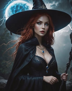 ultra detailed photo, masterpiece, best quality, photorealistic elegant, highly detailed ultra realistic, An enigmatic figure of a young girl (witch) who commands the elements, specializing in storms, lightning and weather conditions with the simple movement of her fingers. She has long, red hair that flows down her back like a river of dark shadows. Her eyes are piercing and bright blue, almost glowing in the dark. Her skin is pale, almost transparent, and her lips are dark red, creating a sharp contrast with her bright eyes. Her features are sharp and expressive, giving her a mystical look. He wears a long, dark cloak decorated with silver runes and symbols of power. Under the cloak, she is dressed in an elegant but simple red dress that allows her freedom of movement. She wears a crescent moon amulet around her neck, a symbol of her connection to the darker aspects of magic. She is always armed with a staff made of black ash, decorated with dark crystals that enhance her magic. She is a master of black magic, capable of powerful spells, spells and divination. She has control over the elements of darkness and shadow, can manipulate the energy around her, and communicate with demons and other dark entities. The atmosphere in the tower is mysterious and full of untold secrets, reflecting the nature of the witch and her place in the world of magic.