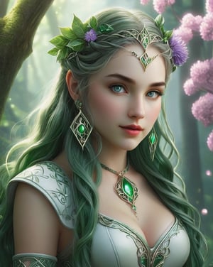 ultra detailed photo, masterpiece, best quality, photorealistic elegant, highly detailed ultra realistic, A girl, tall and graceful, with long, wavy purple hair tied in braids that shine like moonlight. Her eyes are a deep emerald green, radiating mystery and a deep connection with nature. Her skin is pale, almost transparent, with a silvery sheen under certain light. He wears light but durable clothing of white leather material, decorated with symbols and runes of the forest. She was born on the edge of an ancient forest where she sits and plays the harp, creating a beautiful melody of nature. Wise and deliberate, she often seems serious and aloof. She also has a penchant for natural magic, which allows her to heal, communicate with plants and animals, and use the elements of nature to her advantage.