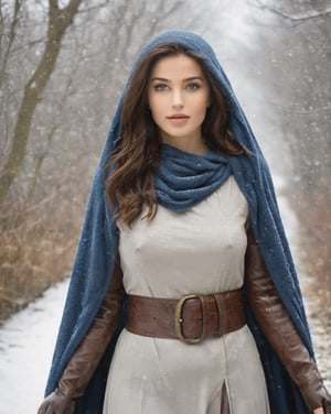ultra detailed photo, masterpiece, best quality, photorealistic elegant, highly detailed ultra realistic, A medieval sorceress making her way through a snowstorm presents a picture full of contrast and character. Her appearance reflects strength and mystery, while at the same time exudes a certain amount of sexiness that is unobtrusive but noticeable. Her face, although touched by years, preserved traces of beauty that time could not completely erase. Her eyes are the color of dark mahogany, piercing and clear, which glow with some inner flame and intelligence. Her gaze seems to penetrate the very heart of the storm. Her lips are full, painted in a slight shade of black, giving the impression of strength and determination. Her hair, shades of silver and ash, is woven into simple but elegant braids that peek out from under the hood of her cloak. A hood, made of thick, dark animal fur. The fur, although it looks wild and rough, somehow fits her look perfectly, adding an air of wild elegance. Her body, firm and vital, is covered with a simple but functional tunic that is visibly worn from long journeys and numerous adventures. The tunic, hugging the body, emphasizes her body shape. Although she is not lavishly dressed, there is a certain grace in the way she wears her clothes, as if each piece has its own story and significance. Her hands, graceful and precise, with strong fingers holding tightly to her wizard's staff, made of an unusual, dark wood. Around her waist can be seen a belt of small vials, which clink and collide as she makes her way through the storm, each containing different magical ingredients or elixirs. Her feet are shod in sturdy, tall leather boots, clearly made for long journeys and harsh conditions. Her every movement, though slowed by the deep snow, seems purposeful and confident, as if the storm itself is just another element in her long journey. Her expression, though serious and focused, occasionally breaks into a soft smile that reveals her inner peace and the contentment she finds in her freedom and independence. It seems as if she is aware of her strength and abilities, and that even the worst weather conditions cannot stand in her way. All in all, this sorceress is a person who combines wisdom, fearlessness and strength of character, and retains a subtle, natural appeal. Its appearance is not only physical; she radiates a certain kind of energy that is invisible but tangible, magnetic and mysterious, giving the impression that the world around her is full of wonder and magic.