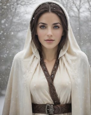 ultra detailed photo, masterpiece, best quality, photorealistic elegant, highly detailed ultra realistic, A medieval sorceress making her way through a snowstorm presents a picture full of contrast and character. Her appearance reflects strength and mystery, while at the same time exudes a certain amount of sexiness that is unobtrusive but noticeable. Her face, although touched by years, preserved traces of beauty that time could not completely erase. Her eyes are the color of dark mahogany, piercing and clear, which glow with some inner flame and intelligence. Her gaze seems to penetrate the very heart of the storm. Her lips are full, painted in a slight shade of black, giving the impression of strength and determination. Her hair, shades of silver and ash, is woven into simple but elegant braids that peek out from under the hood of her cloak. A hood, made of thick, dark animal fur. The fur, although it looks wild and rough, somehow fits her look perfectly, adding an air of wild elegance. Her body, firm and vital, is covered with a simple but functional tunic that is visibly worn from long journeys and numerous adventures. The tunic, hugging the body, emphasizes her body shape. Although she is not lavishly dressed, there is a certain grace in the way she wears her clothes, as if each piece has its own story and significance. Her hands, graceful and precise, with strong fingers holding tightly to her wizard's staff, made of an unusual, dark wood. Around her waist can be seen a belt of small vials, which clink and collide as she makes her way through the storm, each containing different magical ingredients or elixirs. Her feet are shod in sturdy, tall leather boots, clearly made for long journeys and harsh conditions. Her every movement, though slowed by the deep snow, seems purposeful and confident, as if the storm itself is just another element in her long journey. Her expression, though serious and focused, occasionally breaks into a soft smile that reveals her inner peace and the contentment she finds in her freedom and independence. It seems as if she is aware of her strength and abilities, and that even the worst weather conditions cannot stand in her way. All in all, this sorceress is a person who combines wisdom, fearlessness and strength of character, and retains a subtle, natural appeal. Its appearance is not only physical; she radiates a certain kind of energy that is invisible but tangible, magnetic and mysterious, giving the impression that the world around her is full of wonder and magic.