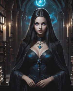 ultra detailed photo, masterpiece, best quality, photorealistic elegant, highly detailed ultra realistic, The enigmatic figure of a young girl (witch) standing in the library of the old castle. She has long, black hair that flows down her back like a river of dark shadows. Her eyes are piercing and bright blue, almost glowing in the dark. Her skin is pale, almost transparent, and her lips are dark red, creating a sharp contrast with her bright eyes. Her features are sharp and expressive, giving her a mystical look. He wears a long, dark cloak decorated with silver runes and symbols of power. Beneath the cloak, she is dressed in an elegant but simple gray dress that allows her freedom of movement. She wears a crescent moon amulet around her neck, a symbol of her connection to the darker aspects of magic. She is always armed with a staff made of black ash, decorated with dark crystals that enhance her magic. She is a master of black magic, capable of powerful spells, spells and divination. She has control over the elements of darkness and shadow, can manipulate the energy around her, and communicate with demons and other dark entities. The atmosphere in the tower is mysterious and full of untold secrets, reflecting the nature of the witch and her place in the world of magic.