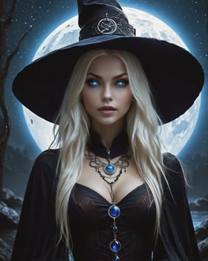 ultra detailed photo, masterpiece, best quality, photorealistic elegant, highly detailed ultra realistic, An enigmatic figure of a young girl (witch) who draws power from the moon, allowing her to control the tides, influence emotions and cast powerful moon spells. She has long, blonde hair that flows down her back like a river of dark shadows. Her eyes are piercing and bright blue, almost glowing in the dark. Her skin is pale, almost transparent, and her lips are dark red, creating a sharp contrast with her bright eyes. Her features are sharp and expressive, giving her a mystical look. He wears a long, dark cloak decorated with silver runes and symbols of power. Beneath the cloak, she is dressed in an elegant but simple brown dress that allows her freedom of movement. She wears a crescent moon amulet around her neck, a symbol of her connection to the darker aspects of magic. She is always armed with a staff made of black ash, decorated with dark crystals that enhance her magic. She is a master of black magic, capable of powerful spells, spells and divination. She has control over the elements of darkness and shadow, can manipulate the energy around her, and communicate with demons and other dark entities. The atmosphere in the tower is mysterious and full of untold secrets, reflecting the nature of the witch and her place in the world of magic.