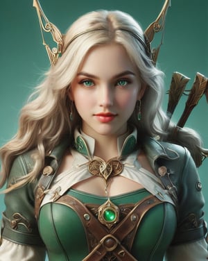 ultra detailed photo, masterpiece, best quality, photorealistic elegant, highly detailed ultra realistic, A girl, tall and graceful, with long, wavy silver-blonde hair that shines like moonlight. Her eyes are a deep emerald green, radiating mystery and a deep connection with nature. Her skin is pale, almost transparent, with a silvery sheen under certain light. He wears light but durable clothing of dark green leather material, decorated with symbols and runes of the forest. On her back she carries a bow made of rare wood, laced with magical essences, and at her side hangs a short sword for close combat. He always carries a small set of healing herbs and healing elixirs. She was born on the edge of an ancient forest. Wise and deliberate, she often seems serious and aloof. She is excellent with the bow and arrow, and her ability to blend in with her surroundings makes her an exceptional scout. She also has a penchant for natural magic, which allows her to heal, communicate with plants and animals, and use the elements of nature to her advantage