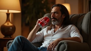 Masterpiece, of Gasty a man sitting in a comfortable armchair in his living room drinking a can of Coca-Cola, with a subtle expression of pleasure and relaxation. Gasty is an extremely handsome and extremely virile man, 50 years old, with long brown hair that reaches his shoulder blades, he has a perfect, very masculine and toned body, he wears a white shirt and blue jeans that enhance his masculine attributes. The scene in the living room of his cozy family home must maintain a warm and soft light that creates subtle shadows, and that denotes tranquility and warmth. Ultra detail, sharpness, depth of field. It is nighttime.