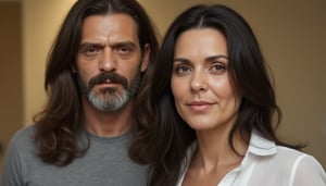 Masterpiece, hyperrealistic, photograph of a man and a woman, ultra-detailed normal skin, high image definition BREAK. 

Gas, a 50-year-old man with long brown hair, standing 1.96 meters tall, he wears a gray t-shirt, AND 

Pao, a 40-year-old Italian woman with long straight black hair, standing 1.60 meters tall, She wears a white shirt, with some buttons undone, suggesting his attributes in a provocative manner, She is an extremely beautiful and sensual woman,

They look at the viewer calmly, with expressions of curiosity and confidence, BREAK. 

Abstract background with soft, warm lighting, evoking trust and tranquility.