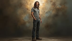 Masterpiece, hyperrealistic, Full body photo of a man, ultra detailed, intricate details. BREAK

Gasty, a 50-year-old man with long brown hair, standing 1.96 meters tall, average body, brown eyes, dressed in a grey t-shirt, with a doubtful expression, looking around with uncertainty, He stands in his worn jeans and dark brown work boots, BREAK. 

Abstract background mixing light and shadow, with warm and cold tones, symbolizing moral ambiguity.