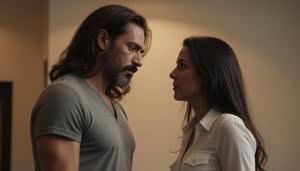 Masterpiece, hyperrealistic, photograph of a man and a woman. BREAK. 

Gas, a 50-year-old man with long brown hair, standing 1.96 meters tall, he wears a gray t-shirt, AND 

Pao, a 40-year-old Italian woman with long straight black hair, standing 1.60 meters tall, She wears a white shirt, with some buttons undone, suggesting his attributes in a provocative manner, She is an extremely beautiful and sensual woman,

They are calmly looking at each other with expressions of curiosity and trust, BREAK. 

Abstract background with soft, warm lighting, evoking trust and tranquility.