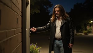 Masterpiece, full-length photograph, side view, of Gasty putting the key in his front door. It is night time. Gasty has very long hair and wears a knee-length black leather jacket, a white shirt and light blue jeans. He is 50 years old and extremely handsome. The lighting is from street lighting in a quiet neighbourhood on the outskirts of the city.