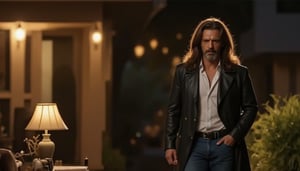 Prompt: Masterpiece, Full body shot of Gasty, an extremely handsome man, 50 years old, with long brown hair styled with some soft waves, his hair reaches his shoulder blades, he has the perfect body, toned but with little developed muscles. He wears a knee-length black leather coat, a white shirt that enhances his figure, blue jeans that enhance his attributes and boat shoes. He enters his house in a beautiful neighborhood on the outskirts of the big city and throws the keys on a small table with a lamp and some papers. It is nighttime and the street lighting denotes the tranquility and warmth of the neighborhood. Ultra detailed, sharpness, depth of field.