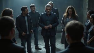 Masterpiece, hyperrealistic, photograph of a group of people in a circle, ultra detailed, intricate details. BREAK.

The group is made up of individuals of various genders, races, social classes, with sinister and threatening expressions, looking suspiciously at each other. BREAK.

The abstract environment is cold, with dark blue and grey tones, shadows dominate the scene, evoking a dangerous and hostile mood.