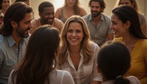 Masterpiece, hyperrealistic photography of a group of people in a circle. PAUSE.

The group is made up of diverse individuals of different ages, genders and cultures, who look at each other in a friendly way and smile at each other. PAUSE.

The setting is abstract with warm tones and soft lighting, evoking a harmonious and peaceful scene.