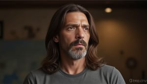 Masterpiece, hyperrealistic, photograph of a man, ultra detailed, intricate details. BREAK

Gastón, a 50-year-old man with long brown hair, standing 1.96 meters tall, average body, brown eyes, dressed in a grey t-shirt, with a doubtful expression, looking around with uncertainty. BREAK. 

Abstract background mixing light and shadow, with warm and cold tones, symbolizing moral ambiguity.