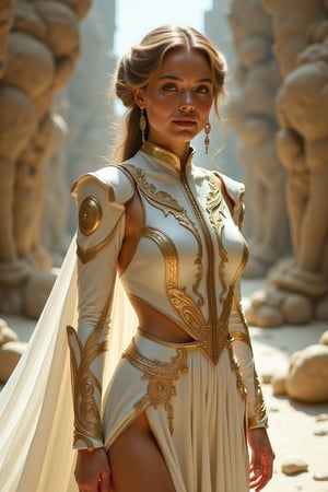 by Clarice Beckett, (latex , star wars style but extremely beautiful:1.4), (intricate details, masterpiece, best quality:1.4) , Star wars movie style, movie still, dynamic, highly detailed, reminiscent of Star wars movies, , looking at viewer, wearing a white and golden mini dress --tiled_upscale