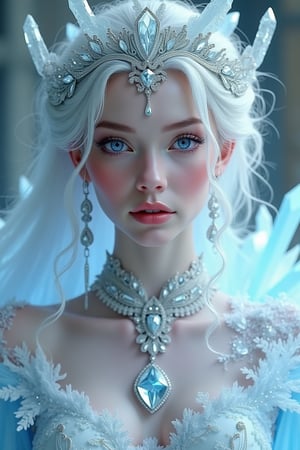 A fantasy woman on crystals and diamonds, majestic, with pure and shiny skin, detailed in shades of white, blue, and gray.