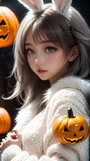 a halloween girl holding a halloween pumpkin,the fur beautiful, body, full body, fluff skin,fantasy, subsurface scattering, perfect anatomy,  glow, bloom, Bioluminescent liquid,zen style,Movie Still, cold color, vibrant, volumetric light (masterpiece, top quality, best quality, official art, beautiful and aesthetic:1.2), (1 cat),extreme detailed,(abstract, fractal art:1.3),colorful hair,highest detailed, detailed_eyes, snowing, smoke bubbles, light_particles,lop-eared bunny girl,babyface, perfect body, five fingers, perfect hands, anatomically perfect body, sexy posture,(black eyes),(gray hair), very long hair, long white fur sweater dress,white fur bike_shorts,kemono,dynamic angle,depth of field, hyper detailed, highly detailed, beautiful, small details, ultra detailed, best quality, 4k,((whole body)),ZilleAI,LinkGirl
