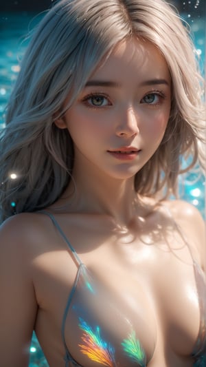 1girl, full body,  subsurface scattering,  perfect anatomy,  glow,  bloom,  Bioluminescent liquid, zen style, Movie Still,  vibrant,  volumetric light, (masterpiece,  top quality,  best quality,  official art,  beautiful and aesthetic:1.2),  extreme detailed, colorful hair, highest detailed,  detailed_eyes, babyface,  perfect body,  five fingers,  perfect hands,  anatomically perfect body,  sexy posture, (black eyes), (gray hair),  very long hair, dynamic angle, depth of field,  hyper detailed,  highly detailed,  beautiful,  small details,  ultra detailed,  best quality,  4k, smile, (nsfw, nude, thigh, slim body:1.3), sea, outdoor, (photorealistic, realistic:1.5), nipples