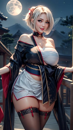 ((1 girl, adorable, happy)), ((off shoulder, japanese clothes, chest sarashi, thighhighs, sash)), (headband, white hair, short hair, blue eyes, makeup), (large breasts, large ass, thick thighs, wide hips, abs, voloptuous), background moon