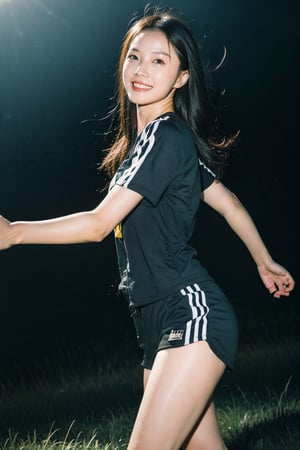1woman, Korean race woman, running dancing foward , solo, flying long hair, looking at viewer, smile, simple background, white background, white and navy blue soccer jersey and black shorts with yellow stripes on the side, soft light, studio light

 (RAW Photo, Best Quality), (HDR: 1.4), 16K, Best Quality, Masterpiece, (Soft Color, Dull Color, Soothing Color tone: 0), fine details and textures, theater lens, wide-angle lens, warm color tone, natural field of view ratio, (gorgeous battlefield theme: 1.6), beauty, (chic appearance: 1.2),Extremely Realistic,