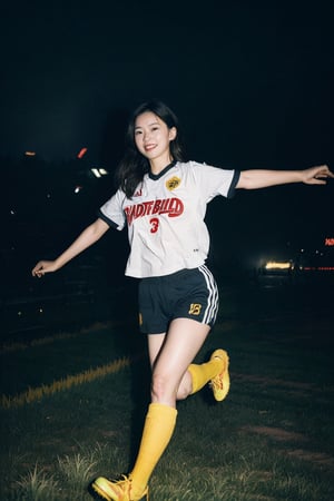 1woman, Korean mix European race woman, running dancing foward , solo, flying long hair, looking at viewer, smile, simple background, white background, white and navy blue soccer jersey and black shorts with yellow stripes on the side, soft light, studio light

 (RAW Photo, Best Quality), (HDR: 1.4), 16K, Best Quality, Masterpiece, (Soft Color, Dull Color, Soothing Color tone: 0), fine details and textures, theater lens, wide-angle lens, warm color tone, natural field of view ratio, (gorgeous battlefield theme: 1.6), beauty, (chic appearance: 1.2),Extremely Realistic,