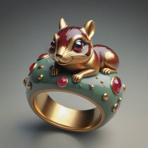 isolated antique artifacts 
simple style Cloisonné ring in the shape of a chipmunk, ruby eyes, displayed in the National Museum 
,3D Render Style,3DRenderAF,3d style,dripping paint, toy texture